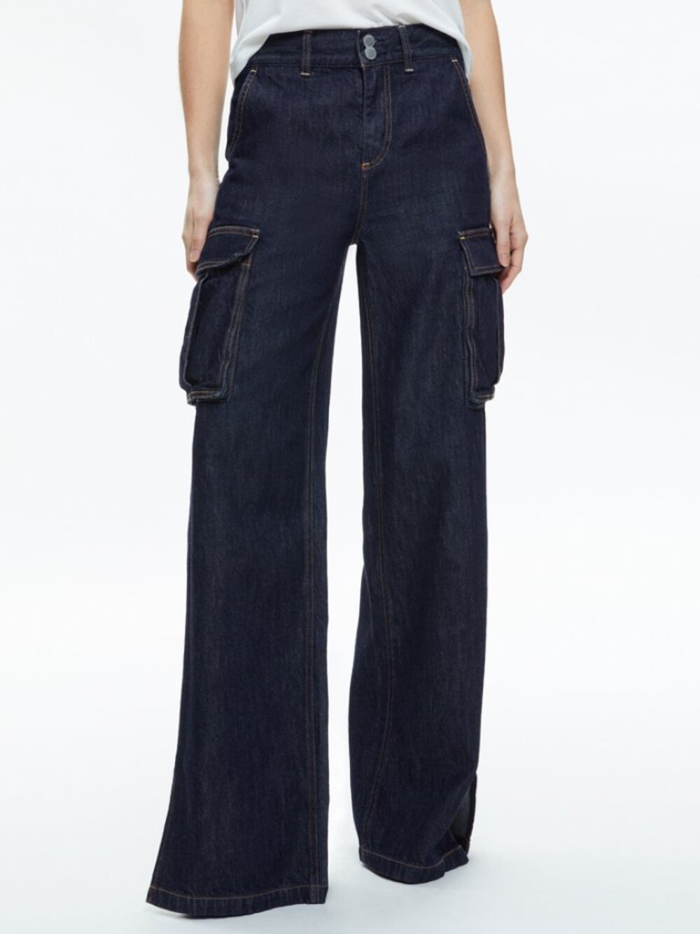 Alice + Olivia Kal Baggy Cargo Dark Wash Side Slit Jean Womens 26 Wide Leg